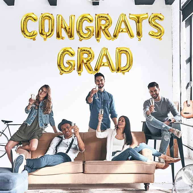 Congrats Grad Balloons Banner Gold 16 Inch Foil Letter Graduation Balloons Congratulations Banner for Class Of 2025 Graduation Party Decorations