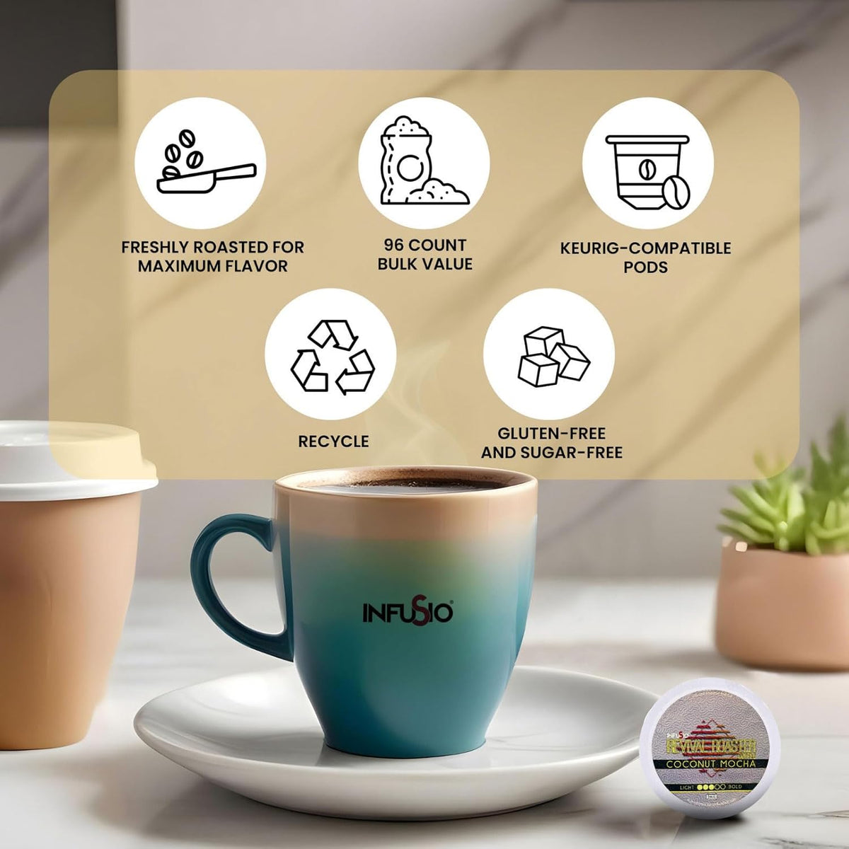 InfuSio Coffee Pods – 96 Count, Coconut Mocha (Flavored Coffee) Single Serve Coffee Pods for Keurig K Cup® Brewers, Compatible with Keurig 2.0 Brewers