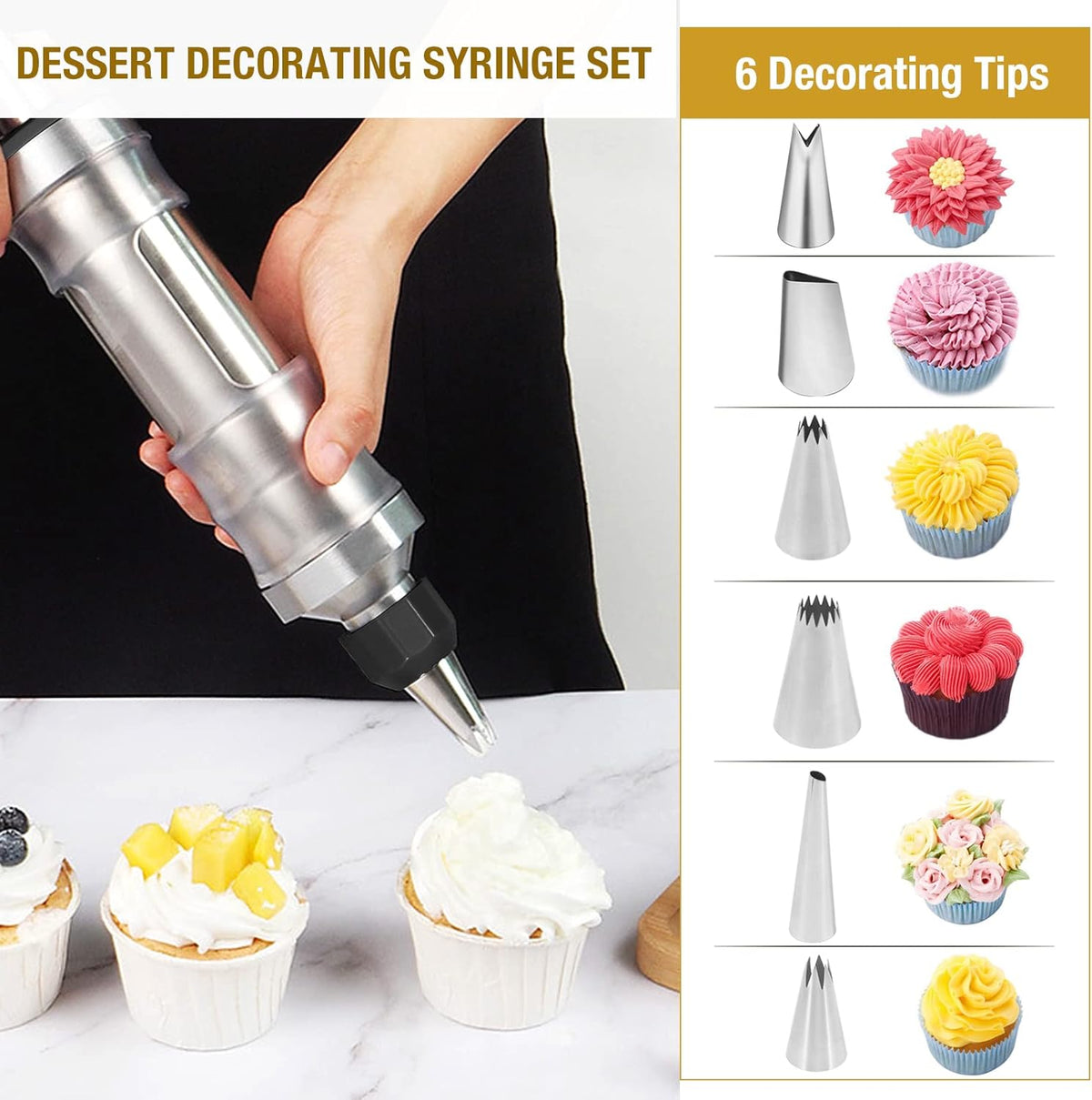 Dessert Decorating Syringe Set Frosting Piping Kit Stainless Steels Cake Decorating Tool 6 Russian Piping Icing Nozzles Cream Scraper Cupcake