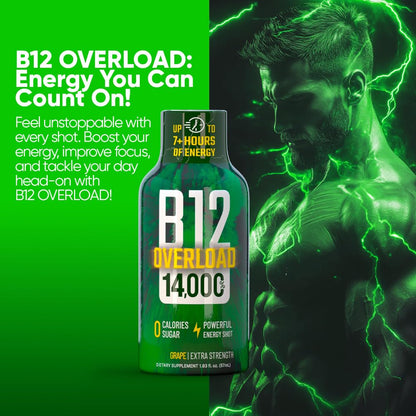 B12 Overload Extra Strength Energy Shot – Grape – 260mg Caffeine, 14000% B12, Electrolytes – Energy & Vitality Support – Zero Sugar No Calories – Vegan, Kosher, Gluten-Free – 1.93 fl oz, 24-Pack
