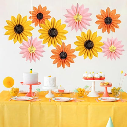 PAPER JAZZ Sunflower Party Decorations: 9 Sunflower Paper Fans & Flower Garlands, Summer Orange Pink Sunflowers, Wedding & Baby Shower Decor