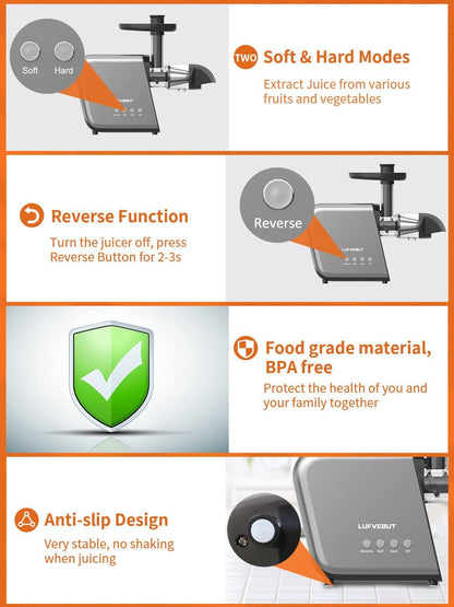 Electric Juicer Slow Smart Home Juicer Machines for Fruits Vegetable Ginger Beets Carrots Celery Cold Press Masticating Juicer Extractor Dishwasher Safe Quiet Motor Easy To Clean with Reverse Function