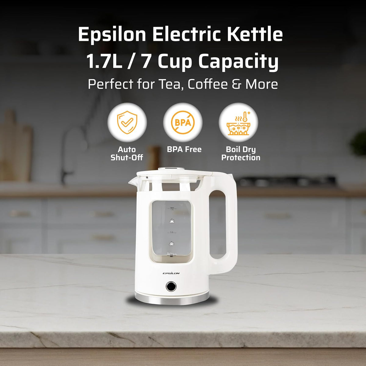 Epsilon 1.7L Glass Electric Kettle – Hot Water Tea Kettle with LED Light, Stainless Steel & Borosilicate Glass, Auto Shut-Off