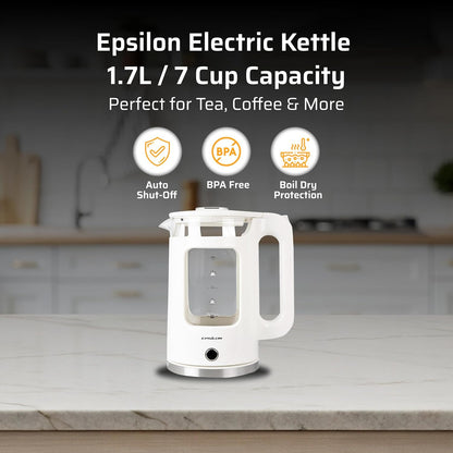 Epsilon 1.7L Glass Electric Kettle – Hot Water Tea Kettle with LED Light, Stainless Steel & Borosilicate Glass, Auto Shut-Off