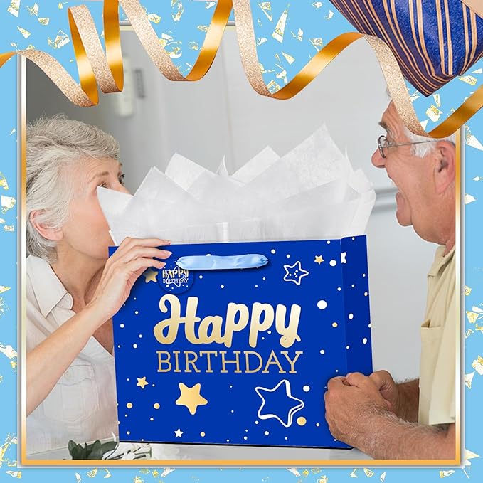 Powbrace 13" Blue Happy Birthday Gift Bag with Tissue Paper and Greeting Card for Party,Happy Birthday Gift Bag for Men Women,Gift Bags Medium size(1 PCS Blue Hot Stamping)