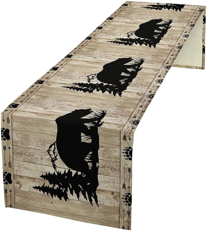 Bear Table Runner, Wild Animals Rustic Cabin Forest Bear Print Wooden Board Table Runner for Dining Kitchen Home 13x36in