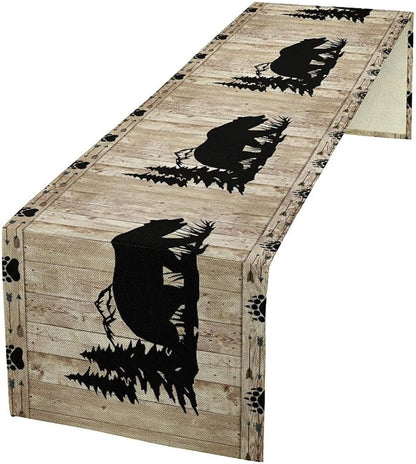 Bear Table Runner, Wild Animals Rustic Cabin Forest Bear Print Wooden Board Table Runner for Dining Kitchen Home 13x36in
