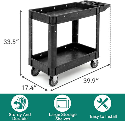 YITAHOME Utility Cart on Wheels, Plastic Tool Cart 550 lbs Capacity Service Cart, 40 x 17 Inch 2 Shelf Extra Heavy Duty Rolling Work Carts for Warehouse, Garage, School & Office, Cleaning, Black