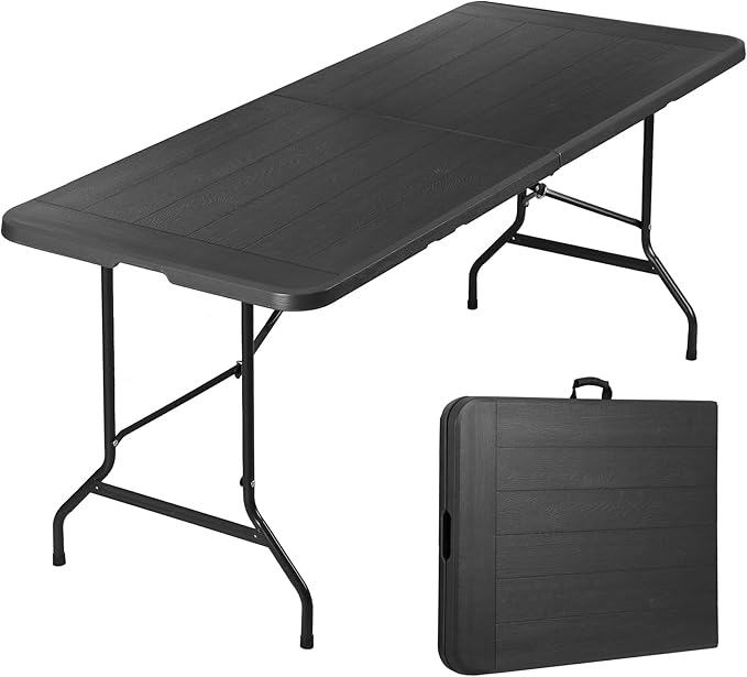 SUPER DEAL 6FT Folding Table for Indoor Outdoor, Portable Heavy Duty Fold-in-Half Plastic Dining Picnic Party Camping Table with Carrying Handle, Black