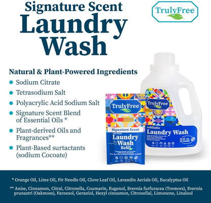 Truly Free Natural Laundry Detergent for Sensitive Skin | Eco Friendly, Plant Based, Baby Clothes Safe | Clean & Easy Powder to Liquid, 4 Pack Refill Detergent, NO Jug | Signature Scent, 200 Loads