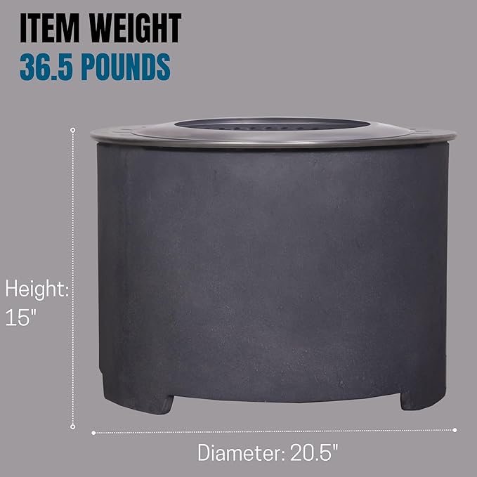 Afterglow Smokeless Fire Pit, 20.5" Round Wood Burning Stainless Steel Top & TerraFab Base, Firepit with Weather Cover Perfect for Outdoor Patio Garden, Dark Grey