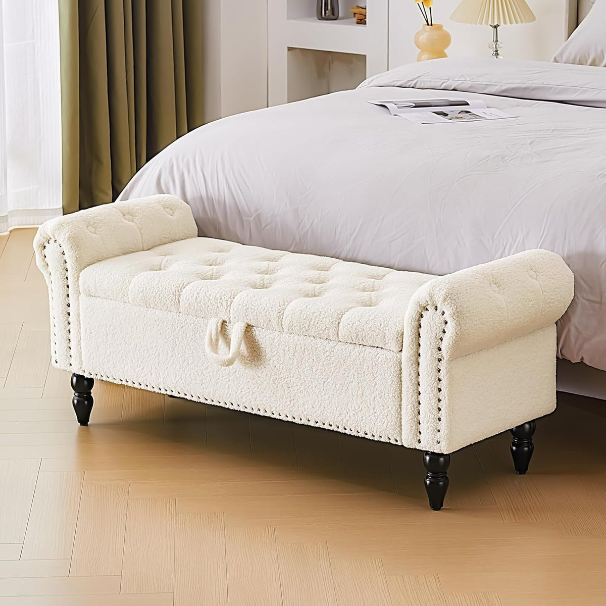 Furnimart Storage Ottoman Bench for Queen Size Bed, Faux Fur Upholstered Storage Bench Accent Bench with Rolled Arms for Bedroom,Living Room, Entryway, 2.5Cubic Feet