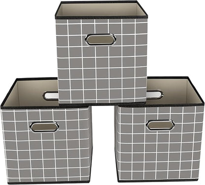 Yunkeeeper storage bins Cubes, Fabric Cube Organizer with Handle, Foldable Cube Bins for Cloth or Accessary Storage, 11x11x11, Set of 3,(Grey grid)