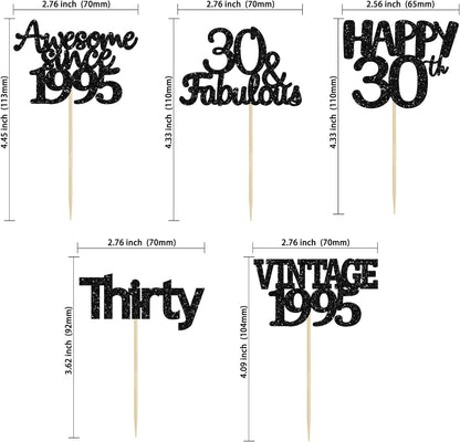 Gyufise 30Pcs Black Glitter Vintage 1995 Cupcake Toppers Awesome Since 1995 Cake Decorations Cheers to 30 Fabulous Thirty Cupcake Picks 30th Birthday Wedding Anniversary Party Cake Decorations
