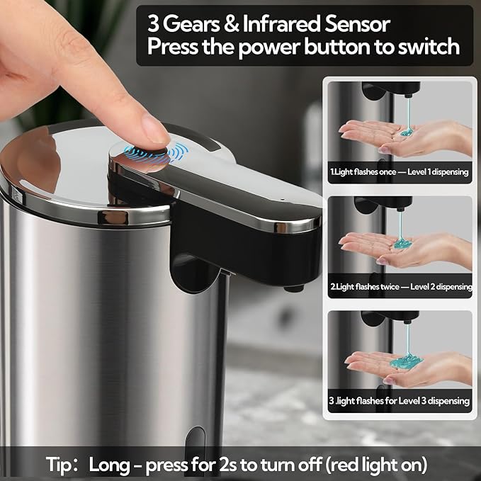 2 Pack Automatic Soap Dispenser Touchless, 13.5oz/400ml Stainless Steel Electric Sensor Pump with 3 Adjustable Volume, Clog-Free, Water-Resistant for Kitchen, Bathroom, Hotel, and School