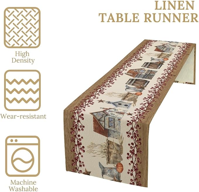 Western Texas Table Runner, Rustic Farmhouse Country Barn Berry Vintage Rural Houses Pumpkin Print Table Runner for Party Picnic Dining Kitchen Table Decor,13x36inch