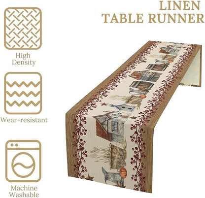 Western Texas Table Runner, Rustic Farmhouse Country Barn Berry Vintage Rural Houses Pumpkin Print Table Runner for Party Picnic Dining Kitchen Table Decor,13x36inch