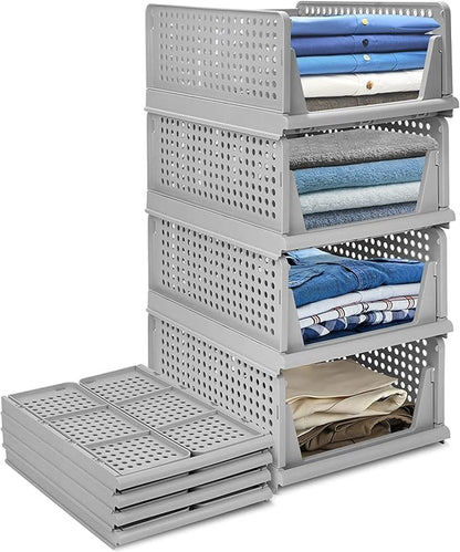 Stackable Wardrobe Organizer for Clothes - Multipurpose Foldable Plastic Closet Storage Organizer for Kitchen, Bedroom & Bathroom (Pack of 4, Grey)