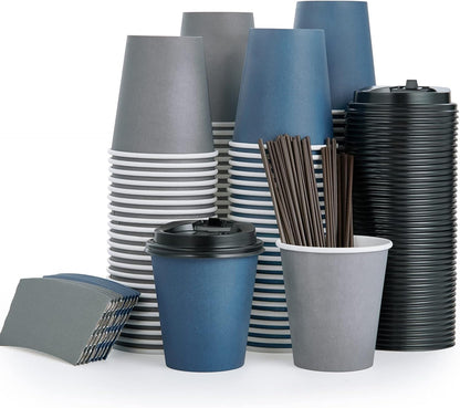 Litopak 100 Pack 12 oz Disposable Paper Coffee Cups with Lids, Sleeves and Stirring Sticks for Hot Coffee, Water or Juice