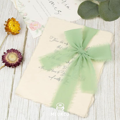 Sage Green Chiffon Ribbon 1-1/2 Inch x 21Yards Handmade Fringe Chiffon Silk Ribbon Boho Frayed Ribbon Sage Green Ribbon for Gift Wrapping, Wedding Invitation, Bridal Flower Bouquets
