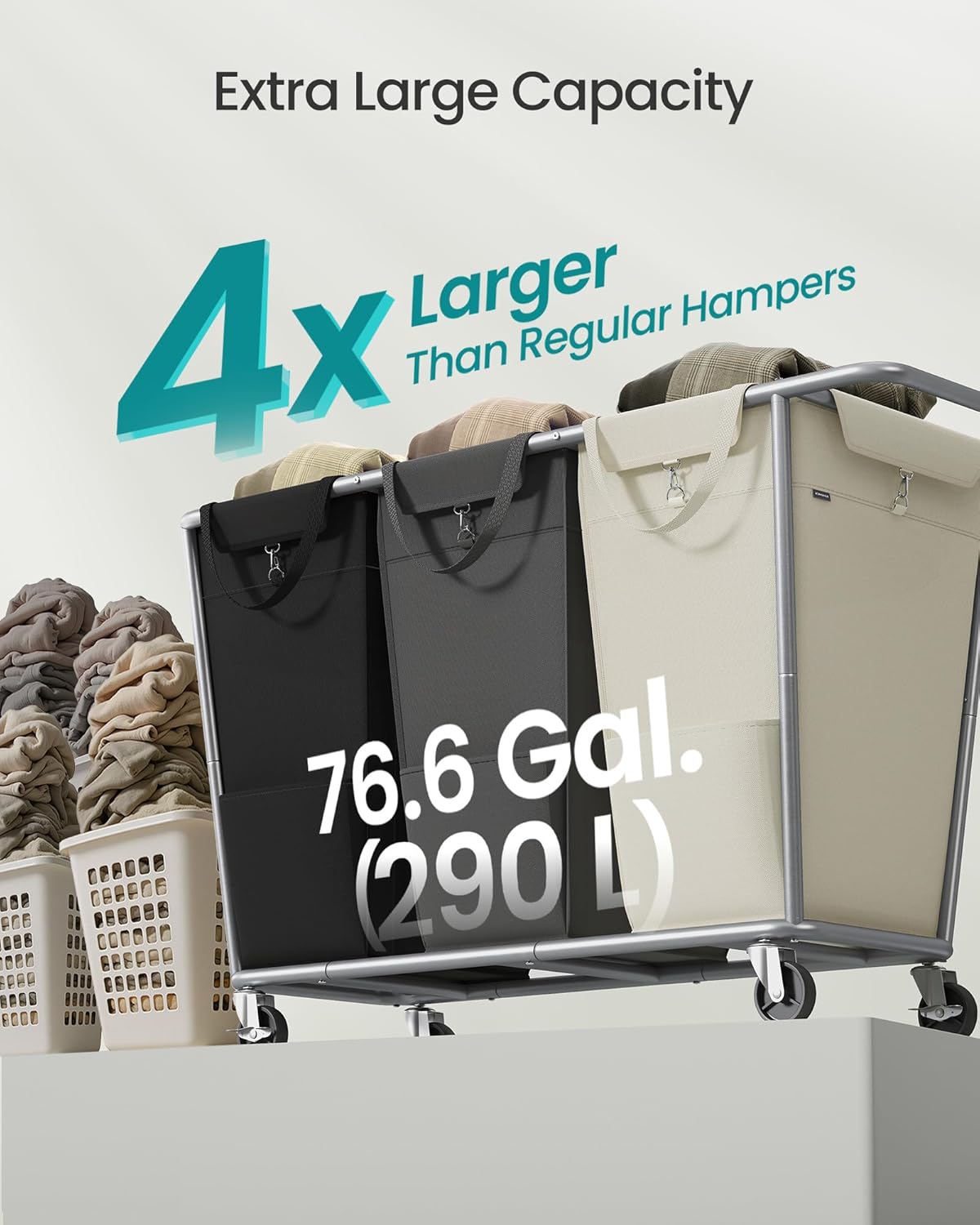 SONGMICS Laundry Basket with Wheels, 76.6 Gallons (290 L), 3-Section Rolling Laundry Hamper with Removable Bags, Heavy-Duty Steel Frame with Handle, Cream White, Dark Gray and Ink Black URLS010X01