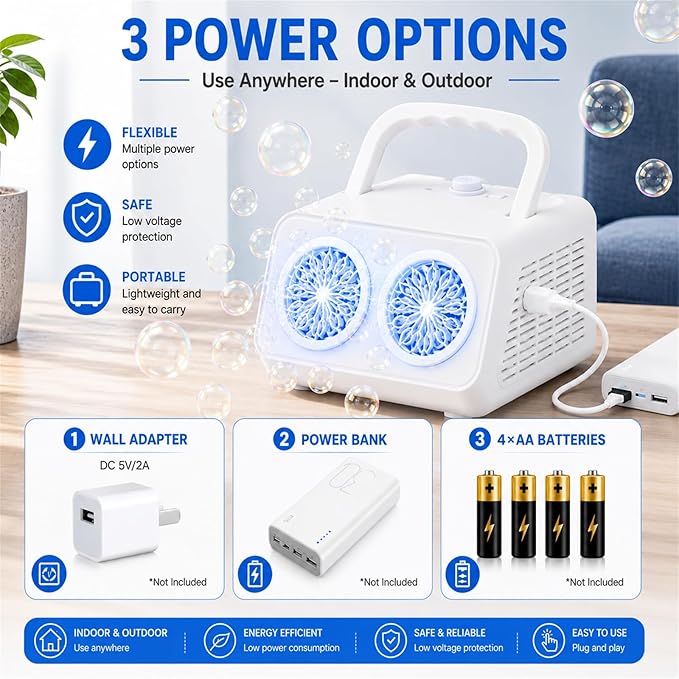 Bubble Machine with Dual Fans, 20,000+ Bubbles Per Minute, USB-C or AA Battery Powered,Leak-Proof Sealed Bottle,Portable Bubble Maker for Birthday Party Pool Wedding Outdoor