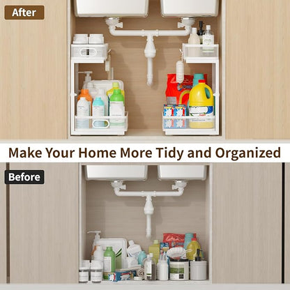 Under Sink Organizer 1 Pack, 2-Tier Slide Out Cabinet Organizer with Metal Sliding Drawer and Hooks, Pull Out Storage Baskets for Kitchen Bathroom Pantry Cabinet Organization (White (1 pack))