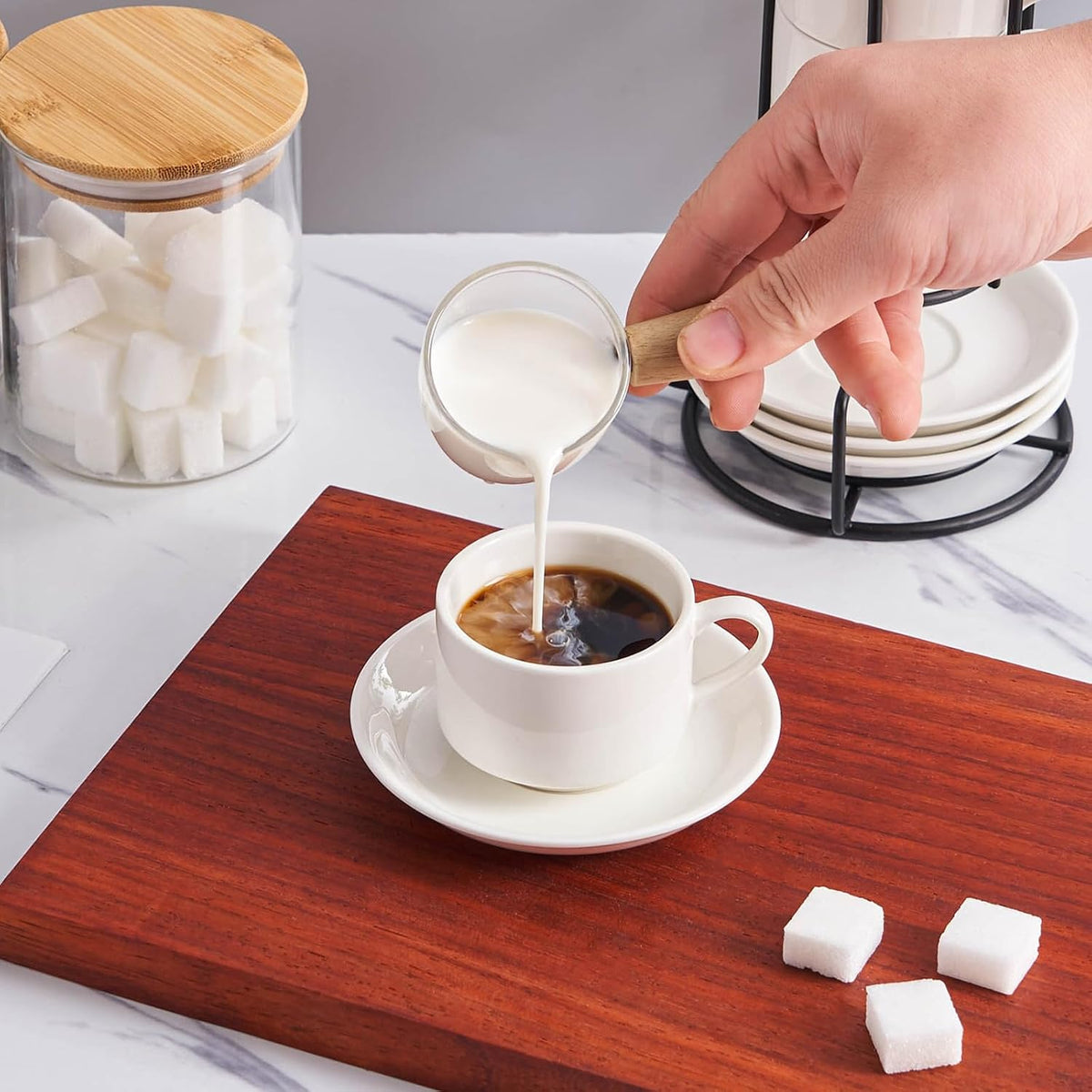 YOLIFE 2.5oz Porcelain Stackable Espresso Cups with Saucers and Metal Stand Set of 4, Stackable Cappuccino Cups, White Expresso Shots Cup Set for Coffee Drinks, Latte, Tea