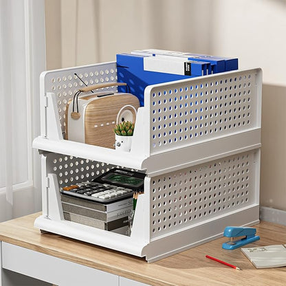 Clothes Organizers and Storage, 4 Packs Stackable Plastic Storage Basket for Closet, Stackable Plastic Storage Bins Storage Box Closet Shelf for Bathroom Kitchen Office, 4XL