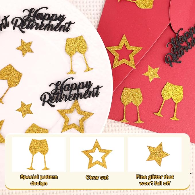 200pcs Happy Retirement Confetti, Black & Gold Table Confetti for Retirement Party Decorations Glitter Star Table Scatter for Office Farewell Party Celebration Decor Men Gifts Cake Centerpieces