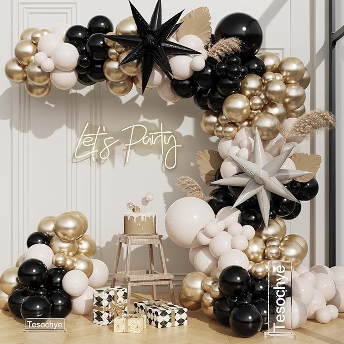 Black And Gold Balloon Arch Kit,Sand White Chrome Gold Balloons with Exploding Star Foil Balloons for New Year Decorations Graduation Retirement Adult Birthday Party Wedding Decor