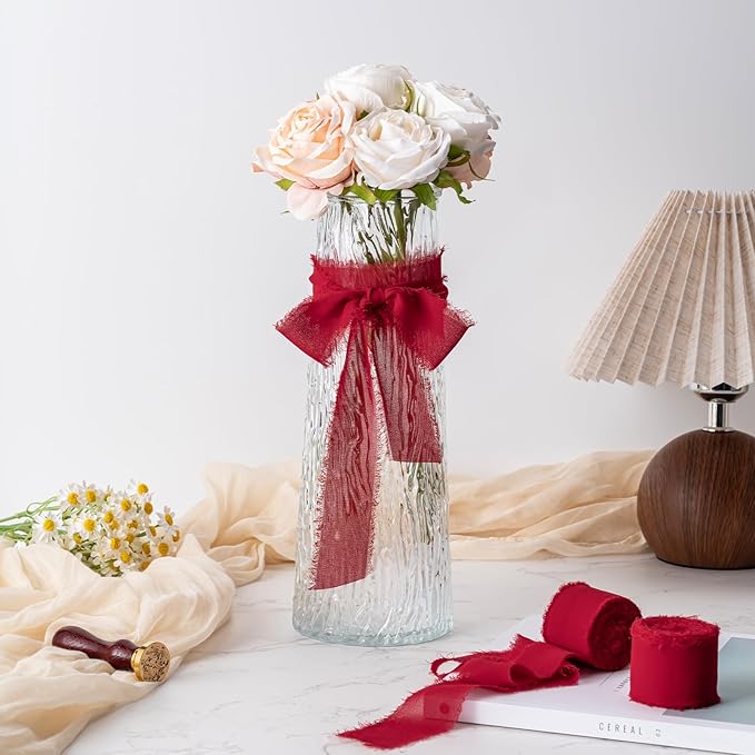 Husfunov Red Handmade Chiffon Ribbon,1.5Inch x 3 Rolls Total 24 Yards Red Fringe Chiffon Silk Ribbon,for Wrapping Wedding Invitations,Bridal Bouquets,DIY Crafts,Home Decor and More