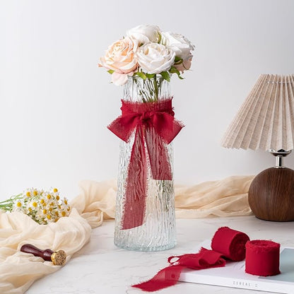 Husfunov Red Handmade Chiffon Ribbon,1.5Inch x 3 Rolls Total 24 Yards Red Fringe Chiffon Silk Ribbon,for Wrapping Wedding Invitations,Bridal Bouquets,DIY Crafts,Home Decor and More