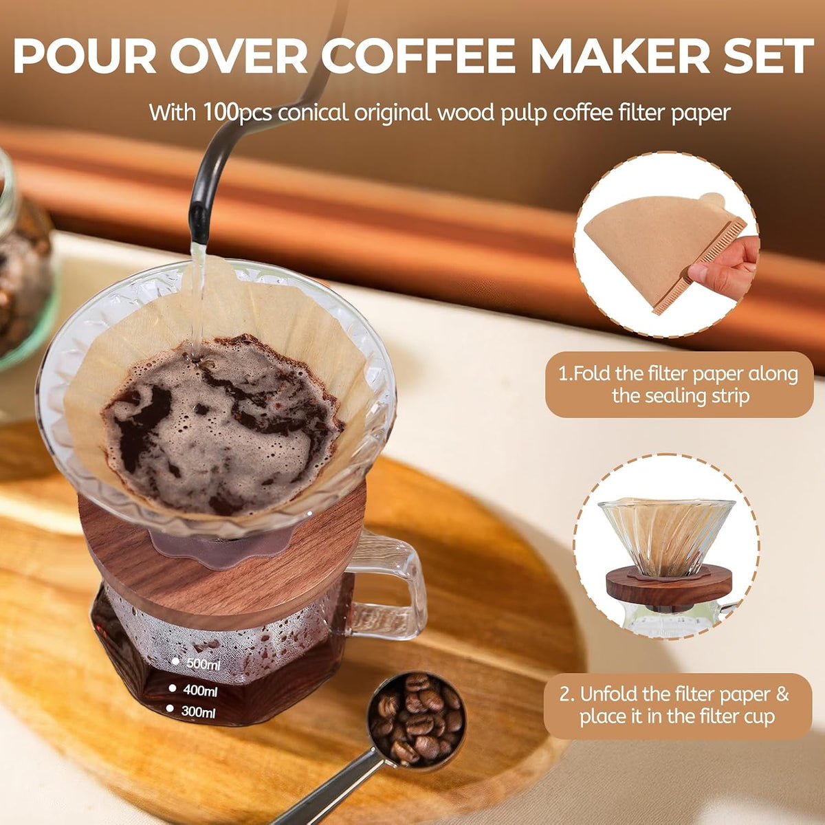 Pour Over Coffee Maker 600ml Borosilicate Glass Drip