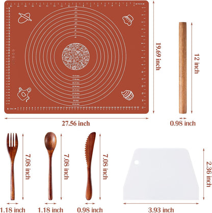 6PCS Silicone Baking Mat Set, Pastry Mat with Measurements Wooden Rolling Pin/Knife/Fork/Spoon/Scraper, Pasta Cutter,Non-slip Silicone Mat, Non-Stick Dough Mat for Counter,Kneading Mat Set,28''*20''