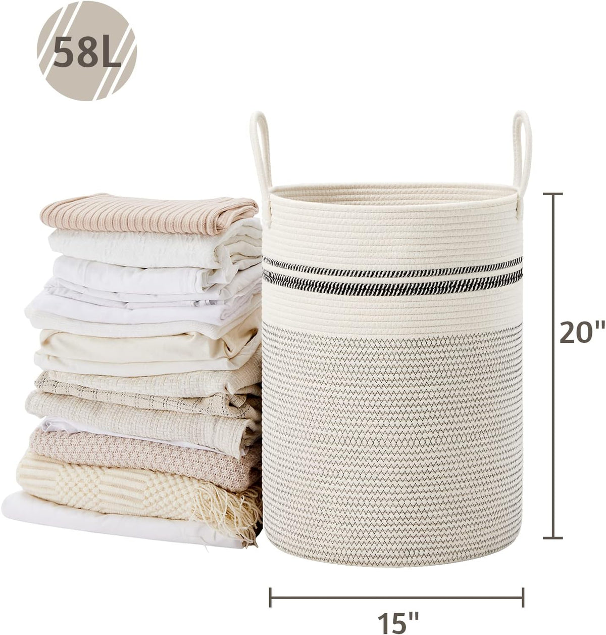 VIPOSCO Large Laundry Hamper, Tall Woven Rope Storage Basket for Blanket, Toys, Dirty Clothes in Living Room, Bathroom, Bedroom - 58L Stripe White