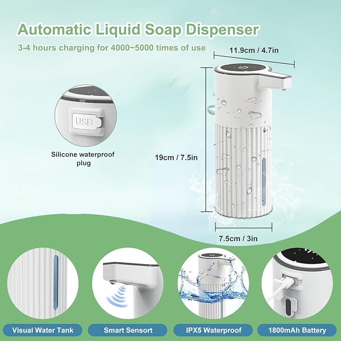 Automatic Soap Dispenser, Continuous Flow Control 400ml Large Capacity Rechargeable Waterproof Adjustable Volume Soap Dispenser for Bathroom & Kitchen(Liquid)
