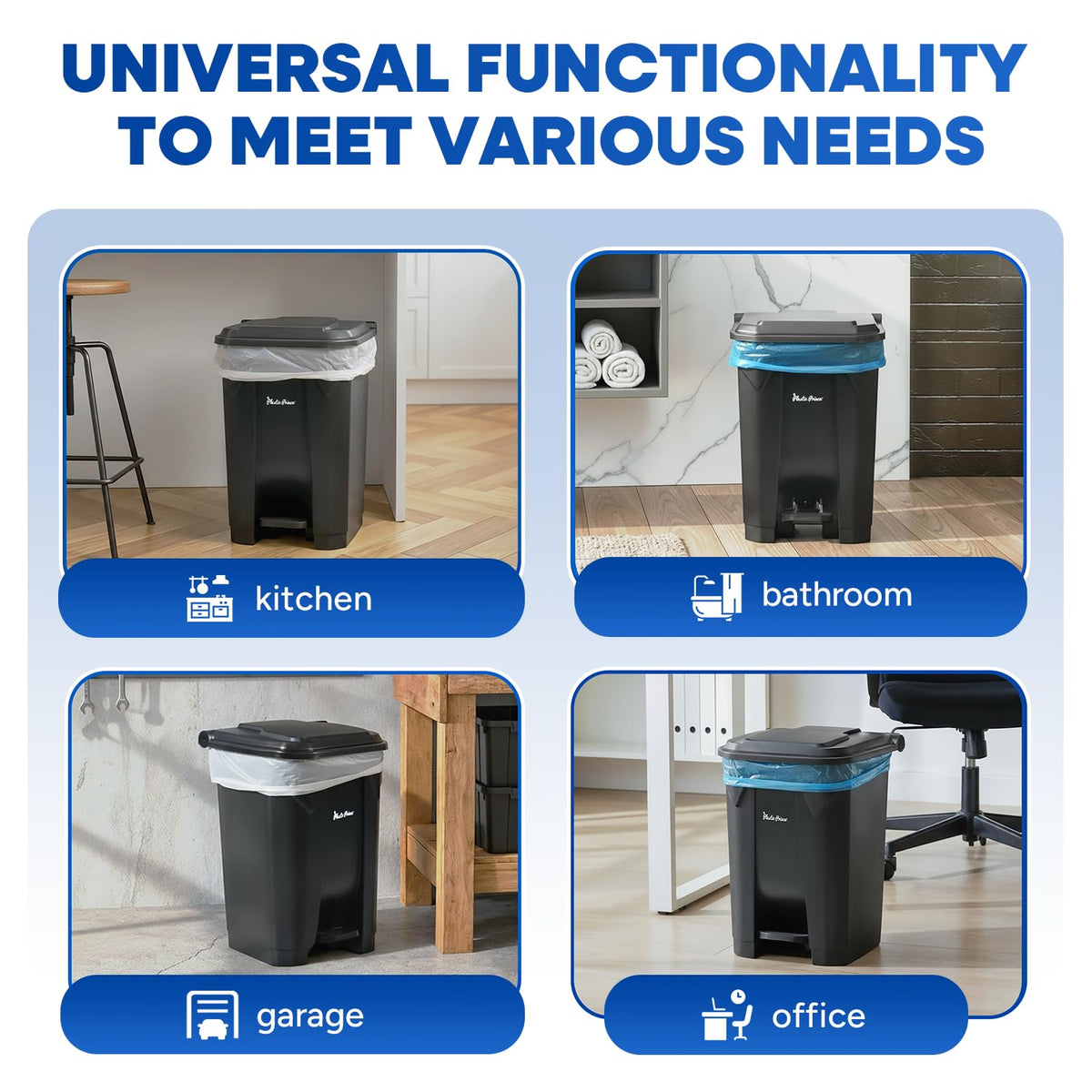 14 Gallon Step-On Trash Can/Container, Black Plastic Dustbin with Lid and Foot Pedal, Hands-Free Disposal