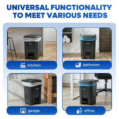 14 Gallon Step-On Trash Can/Container, Black Plastic Dustbin with Lid and Foot Pedal, Hands-Free Disposal