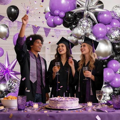 Purple and Black Balloon Arch Kit, 2026 Graduation Decorations, 130Pcs Purple Black Silver Balloons with Foil Star Confetti Balloons for College High School Graduation Decorations Class of 2026