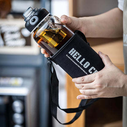 34oz tea bottle with infuser - Large Capacity Glass Water Bottle, With Time Mark, Stainless Steel Tea Strainer,Sleeve, BPA Free