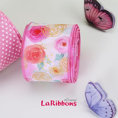LaRibbons Pink Floral Ribbon Wired 2 Rolls 2.5 Inch x 20 Yards TTL, Rose Flower and Polka Dot Burlap Ribbon for Spring Summer Mothers Day Crafts Gift Wrapping Wreath Bow Decoration