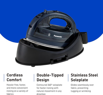 Panasonic NI-WL700A Cordless Steam/Dry Iron, 1500W Wide Stainless Steel Plate, Black/Dark Blue