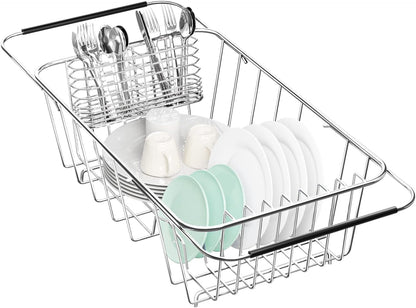 Small Dish Drainer Rack in Sink Adjustable, Expandable Stainless Steel Metal Dish Drying Rack Organizer with Stainless Steel Utensil Holder Over Inside Sink Counter, Rustproof(for 1-2 People)