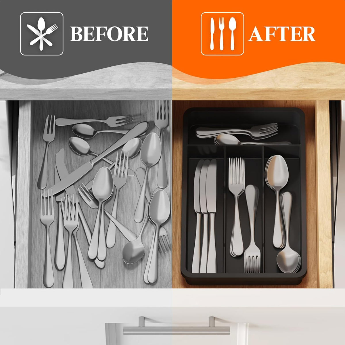 Lifewit Silverware Tray, Cutlery Drawer Organizer Storage for Kitchen, Plastic Flatware Utensil Holder Divider for Spoons Forks Knives Tableware, 4 Compartment, Black
