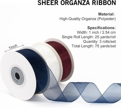 Red, White, Navy Blue Organza Ribbon - 1 Inch x 75 Yds Sheer Chiffon Tulle for Gift Wrapping, Christmas, Weddings, Crafts
