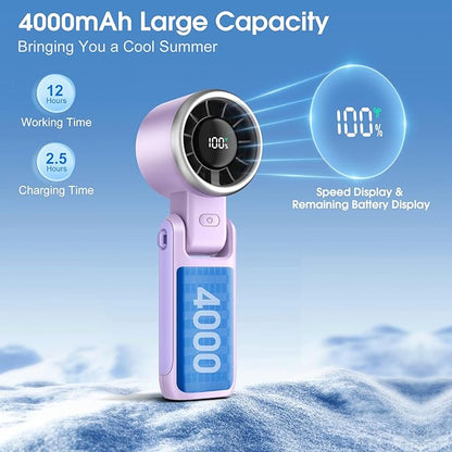 WHATOOK Portable Handheld Turbo Fan:12m/s Strong Wind 15000RPM High Speed Mini Fan, 4000mAh Battery Rechargeable Personal Fan with LED Display, 3 in 1 Foldable Fan for Travel Office Shopping, (Purple)