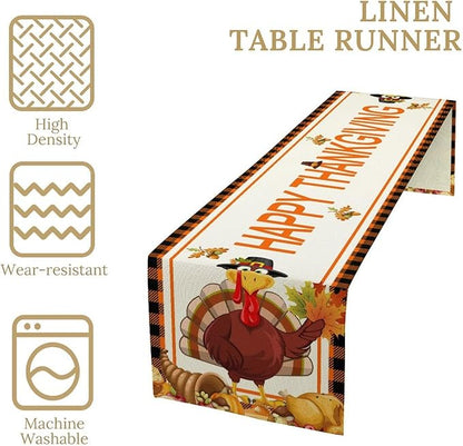 Happy Thanksgiving Table Runner, Autumn Pumpkin Maple Leaves Turkey Print Fall Harvest Holiday Kitchen Dining Table Decor for Indoor Outdoor Party, 13x36inch