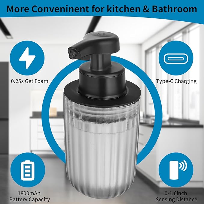 Automatic Soap Dispenser Touchless-Rechargeable,Foam soap Dispenser-4 Adjustable Levels,4 Power Indicators-13.4oz-Suitable for Kitchen and Bathroom