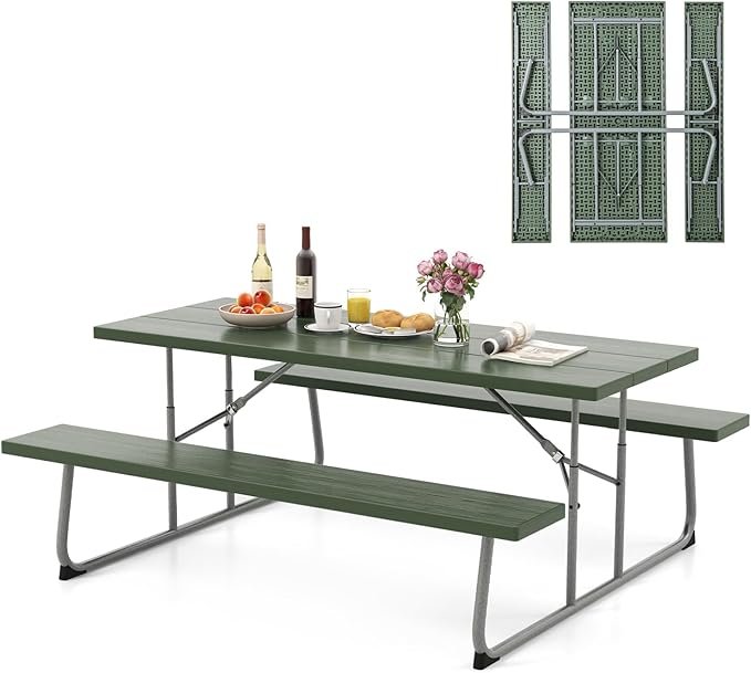 Giantex Folding Picnic Table - 6 FT Outdoor Table Bench Set for 8 Persons w/All-Weather HDPE Tabletop, Metal Leg, Umbrella Hole, Large Outside Dining Table for Patio Garden Yard Poolside (Green)